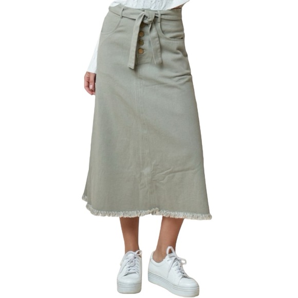 Dresses & Skirts - 280. Women’s Olive Cotton Twill Belted Raw Hem Skirt NEW